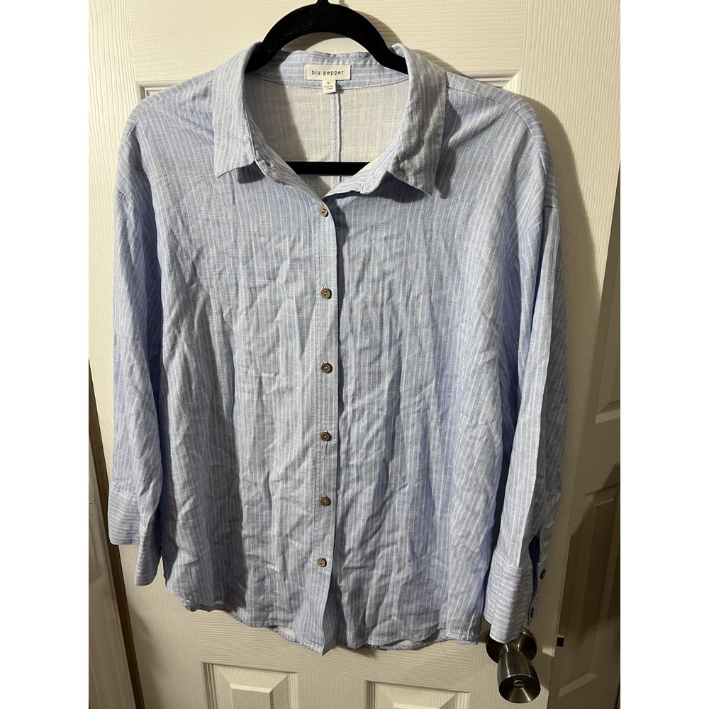 Blu Pepper striped long sleeve button down shirt Womens Size L Linen Blend